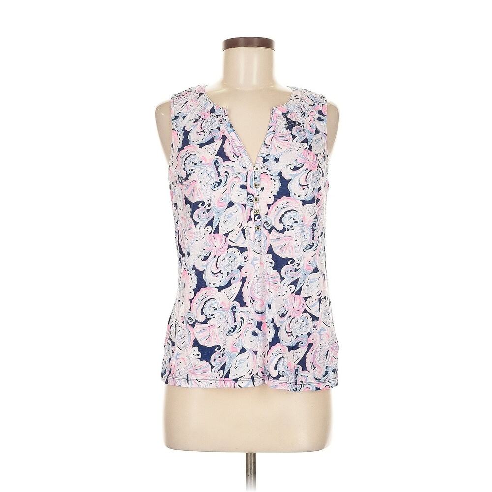NWOT Lilly Pulitzer Essie V-Neck Top It's For Shore Pink Navy Shell Print Sz M